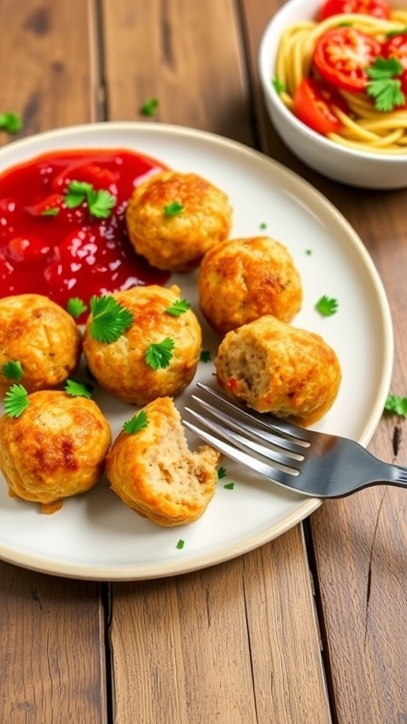 Baked Turkey Meatballs Recipe Baked turkey meatballs on a plate with marinara sauce and parsley, served with spaghetti.